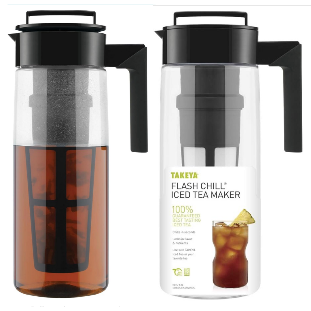 Tea Pitcher- Flash Brew, 2 Qt, Black with airtight leakproof lid and fine-mesh tea infuser for iced tea.