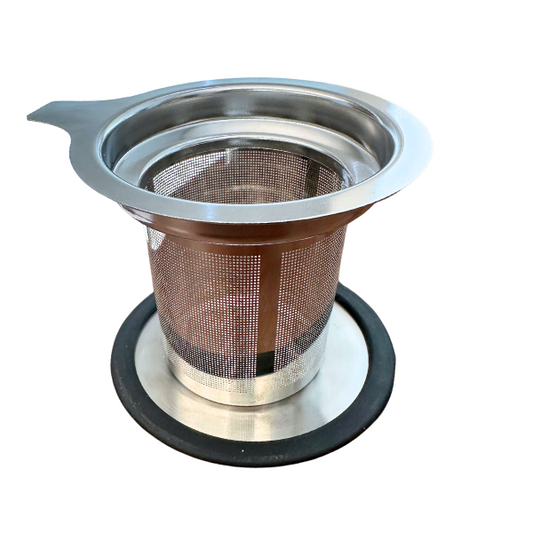 Stainless steel tea infuser basket with handles and plastic lid.