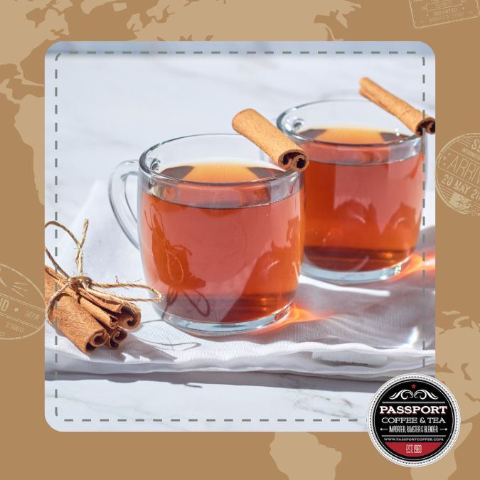 Cinnamon Stick Black Tea in glass mugs with cinnamon sticks.