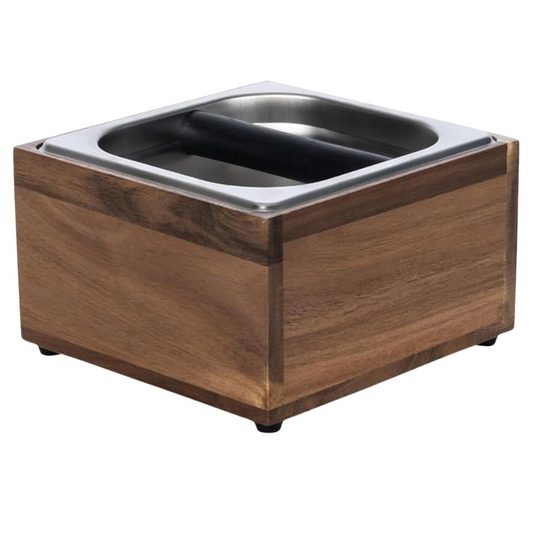 Knock Box with wooden exterior and stainless steel insert for barista use.