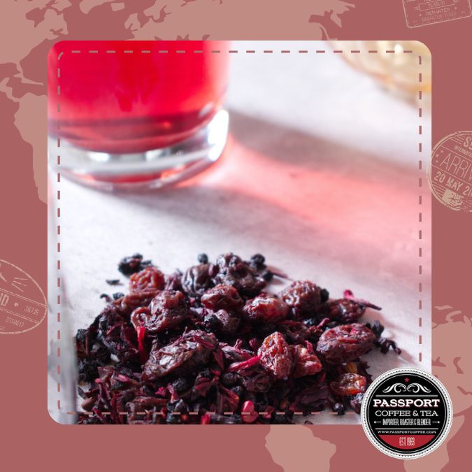 Desert Fruit Tea with hibiscus, dried wild berries, cherry, and raspberry; caffeine-free herbal blend.