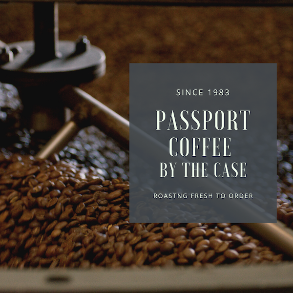 Case Kona Blend dark roast coffee beans, Passport Coffee branding since 1983, fresh roasting process.