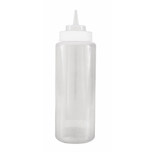 Clear squeeze bottle for barista use in homes, restaurants, and coffee houses.