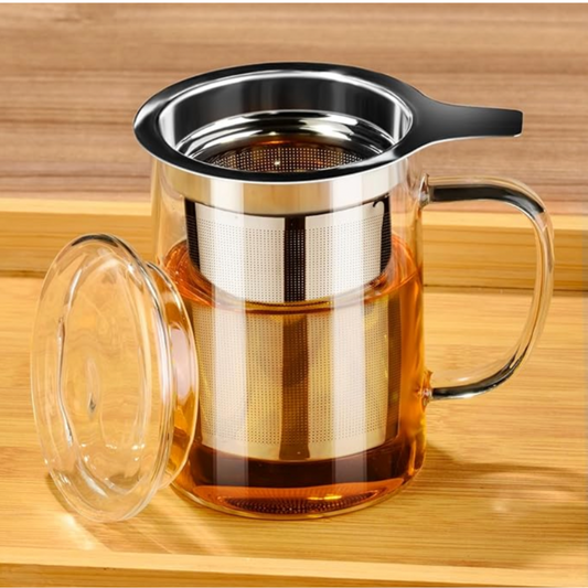 Clear glass tea cup with stainless steel infuser and lid, 15oz capacity.