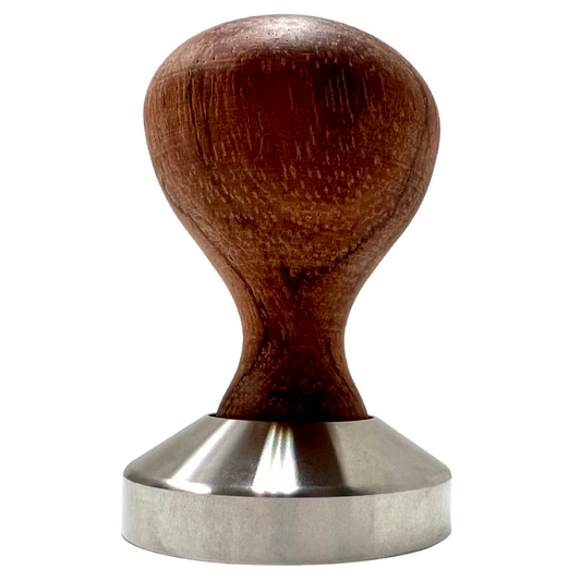 Tamper 49mm with wooden handle and flat bottom for espresso machines.