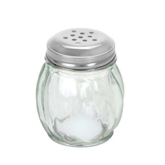 Glass shaker with stainless steel top for storing and serving toppings.