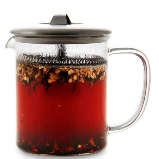 Rishi Simple Brew Glass Teapot with tea infusing in 400mL heat-tolerant glass.