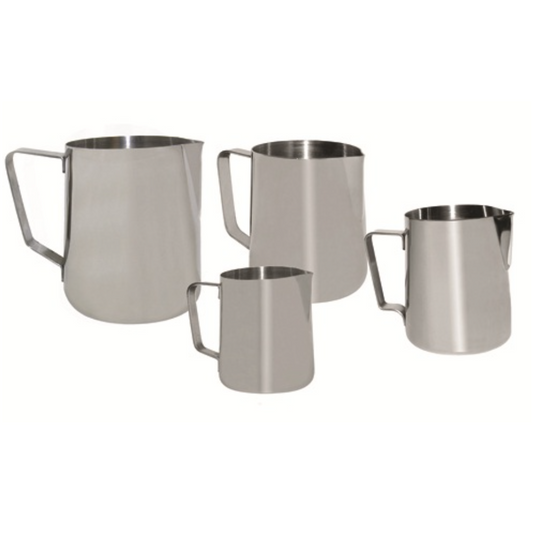 Stainless steel milk steaming pitchers in various sizes for baristas.