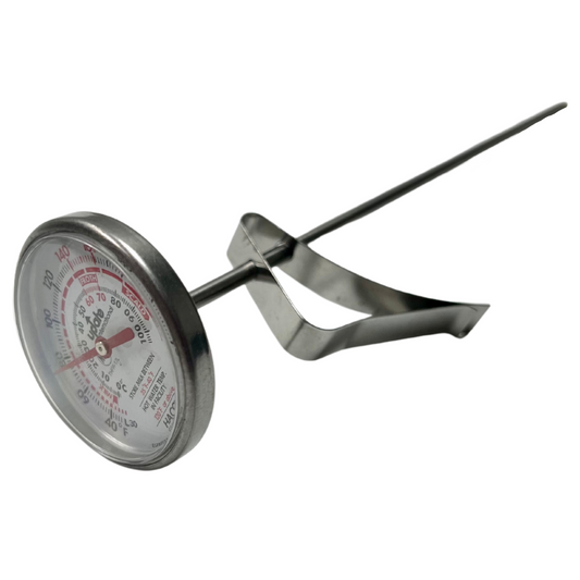 Milk and espresso thermometer with 8-inch dial and metal clip for steaming pitcher.